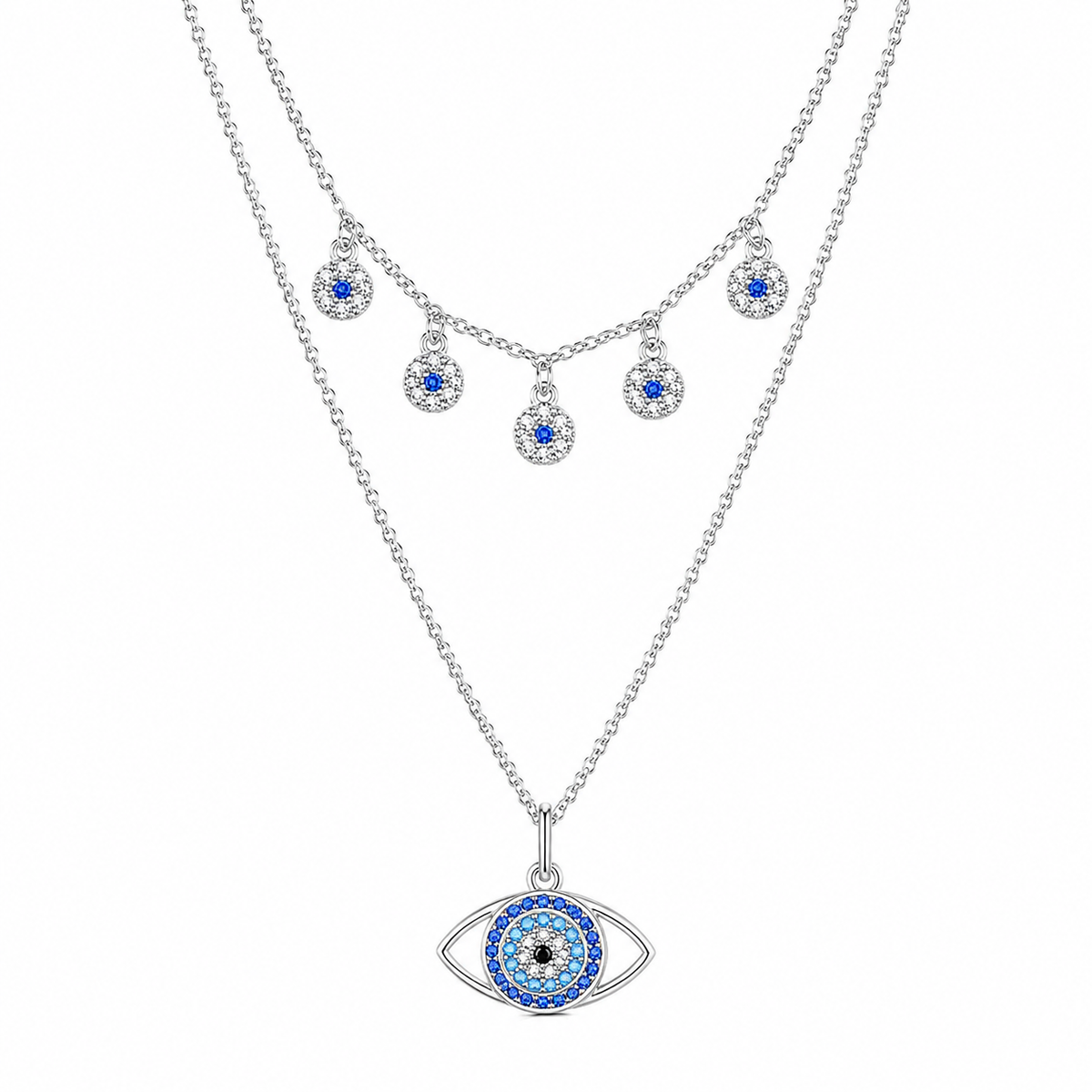 Blue layered evil eye necklace, tarnish-free, Kharze Zarka