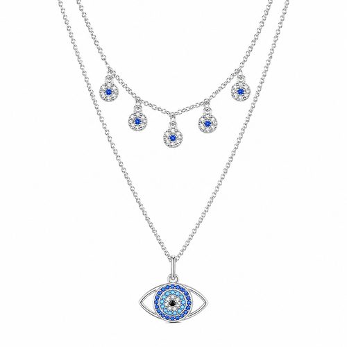 Blue layered evil eye necklace, tarnish-free, Kharze Zarka