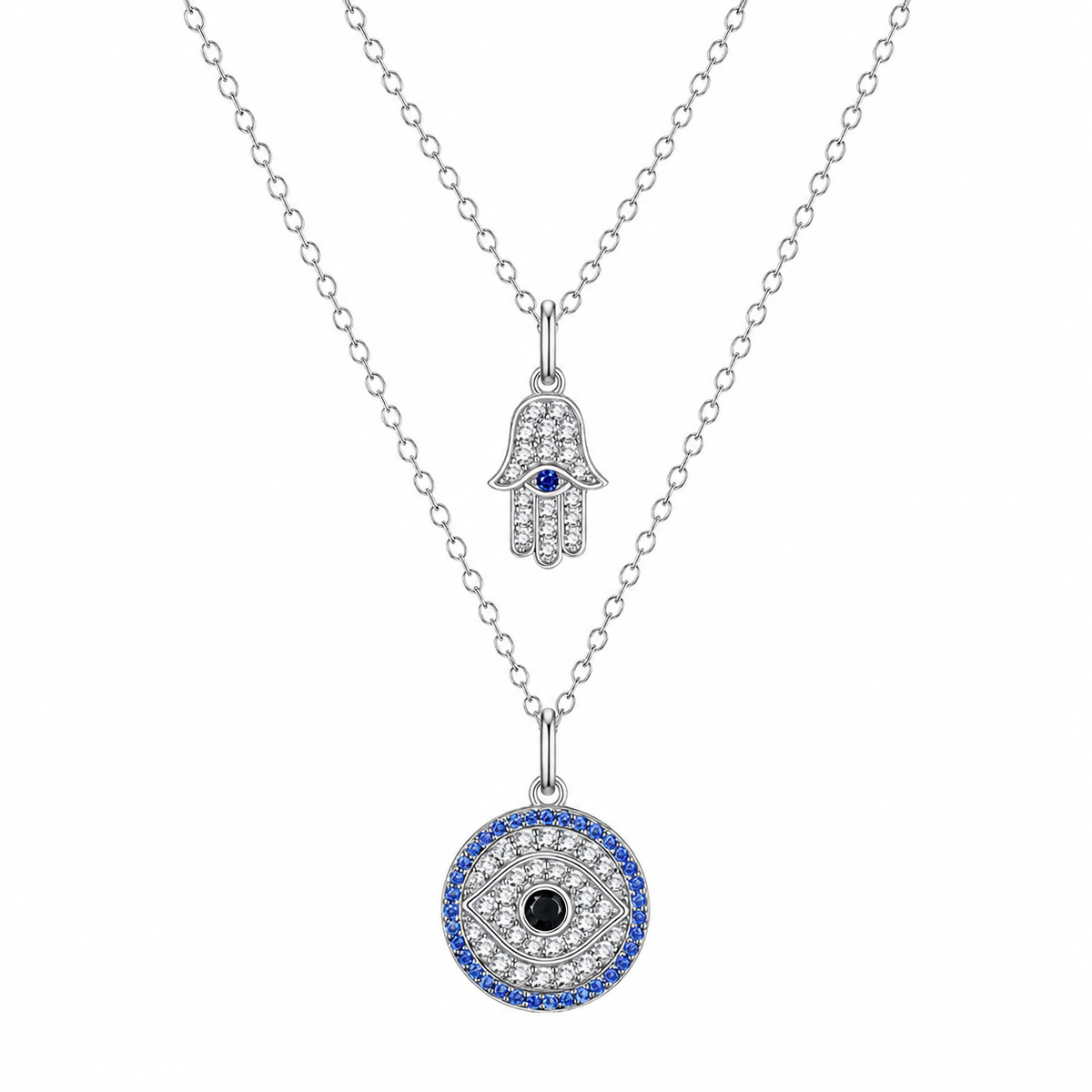Hamsa hand and evil eye layered necklace, tarnish-free, Kharze Zarka