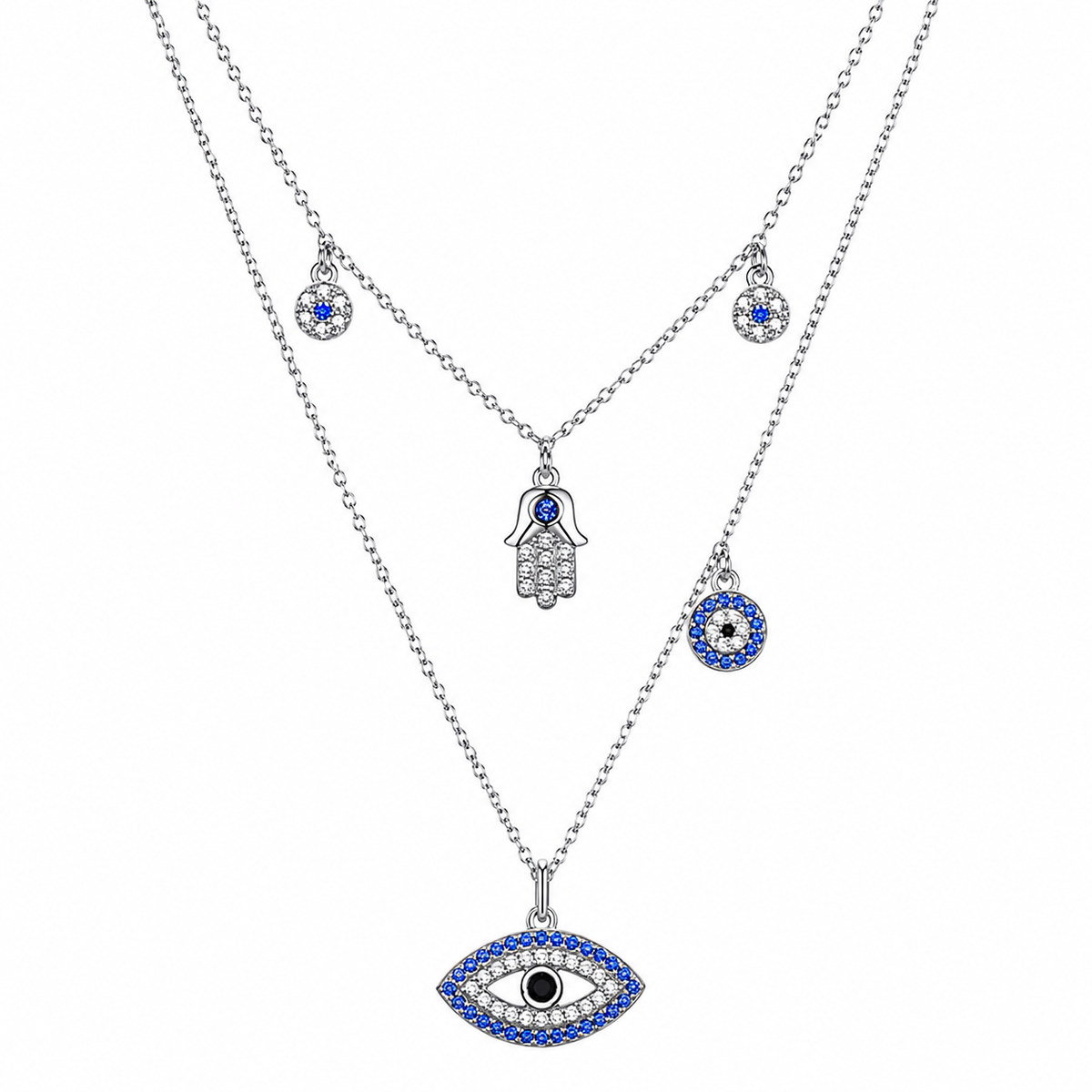 Silver layered evil eye necklace, tarnish-free, Kharze Zarka