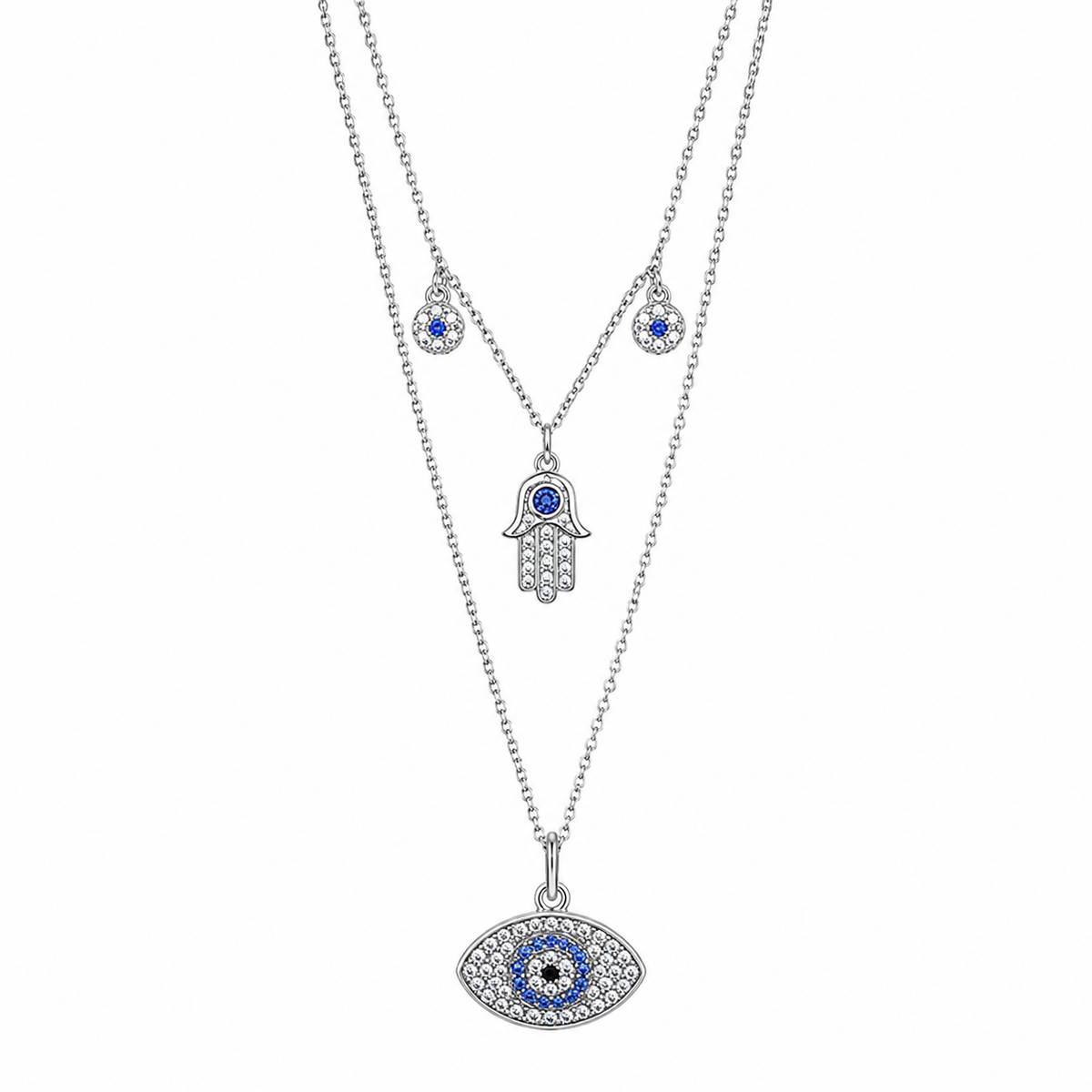 Layered evil eye protection necklace, tarnish-free, Kharze Zarka