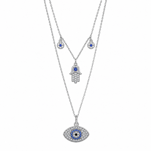 Layered evil eye protection necklace, tarnish-free, Kharze Zarka