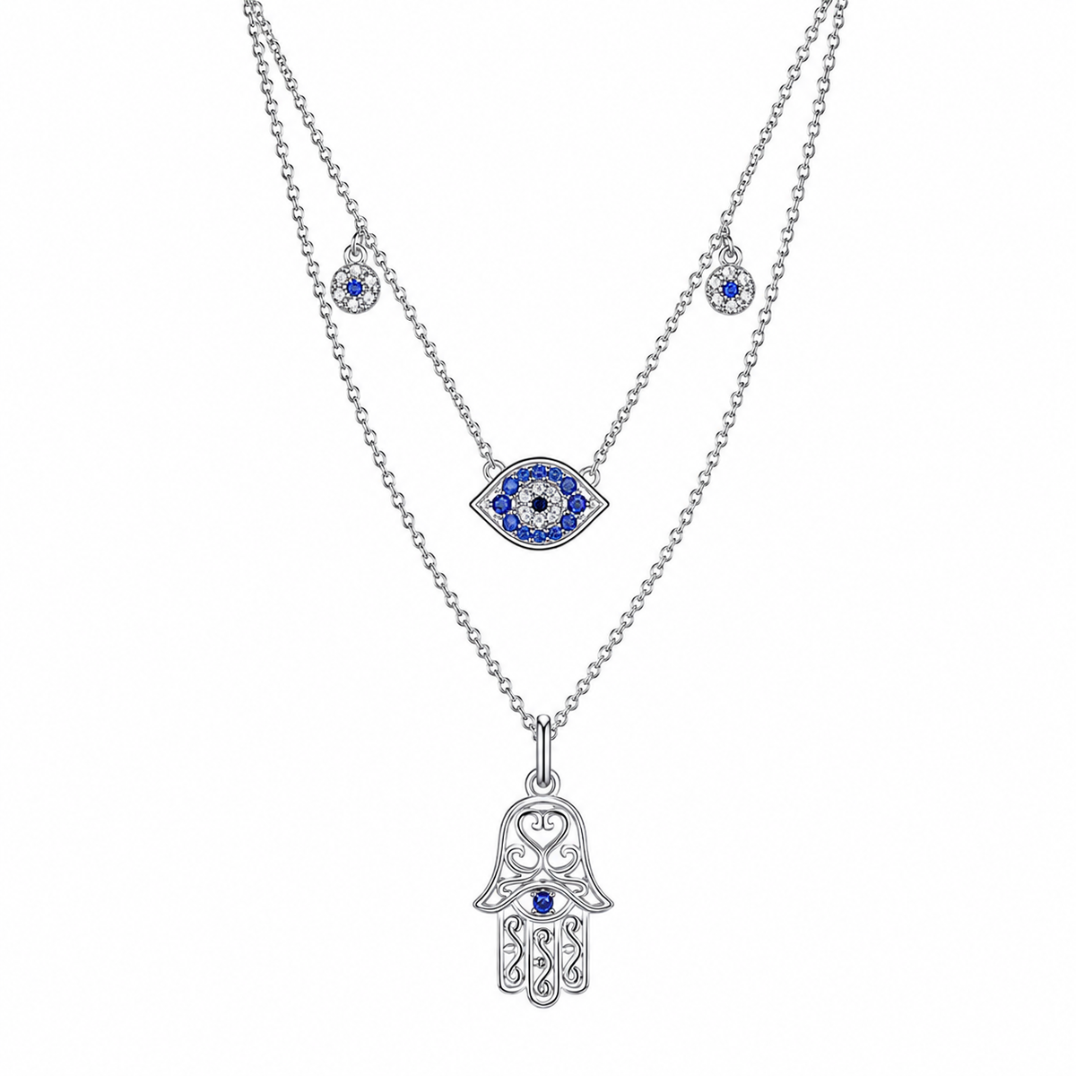 Hamsa hand and evil eye layered necklace, tarnish-free, Kharze Zarka