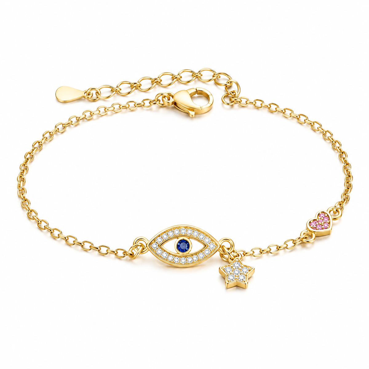 Gold evil eye bracelet, adjustable, tarnish-free, Kharze Zarka
