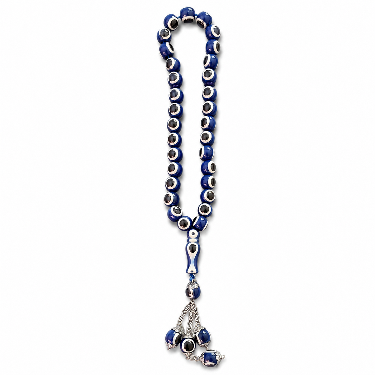 Blue evil eye worry beads tesbih with silver detailing and tassel, Kharze Zarka