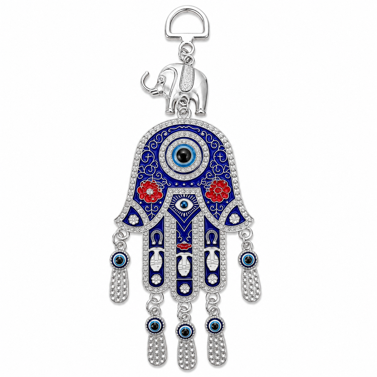 Hamsa hand evil eye wall hanging in silver and blue with elephant charm, Kharze Zarka