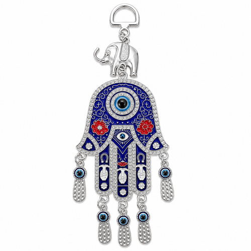 Hamsa hand evil eye wall hanging in silver and blue with elephant charm, Kharze Zarka