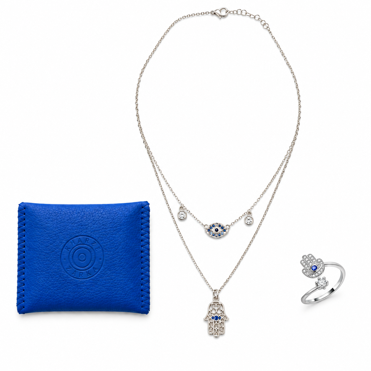 The Khamsah Set, hamsa hand evil eye ring and necklace gift set, Kharze Zarka
