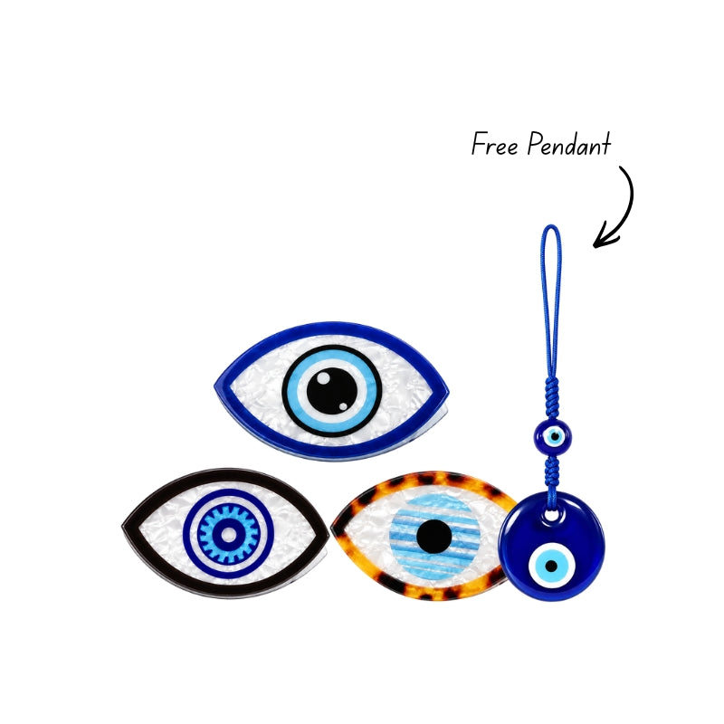 The Watchful Set, three evil eye hair clips with a free Tie The Hook pendant, Kharze Zarka