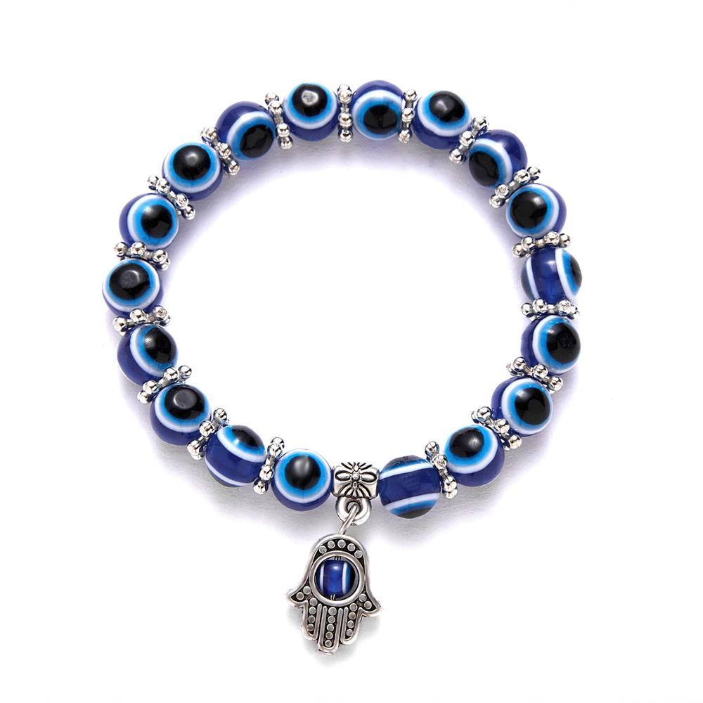 Blue glass evil eye bead stretch bracelet with silver-tone hamsa hand charm, Kharze Zarka