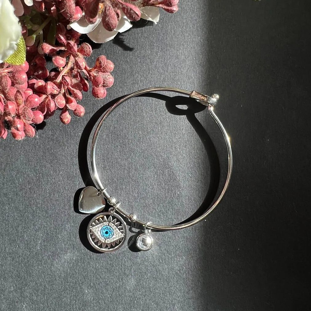 Charm Around evil eye bangle in premium tarnish-free metal, side view, Kharze Zarka