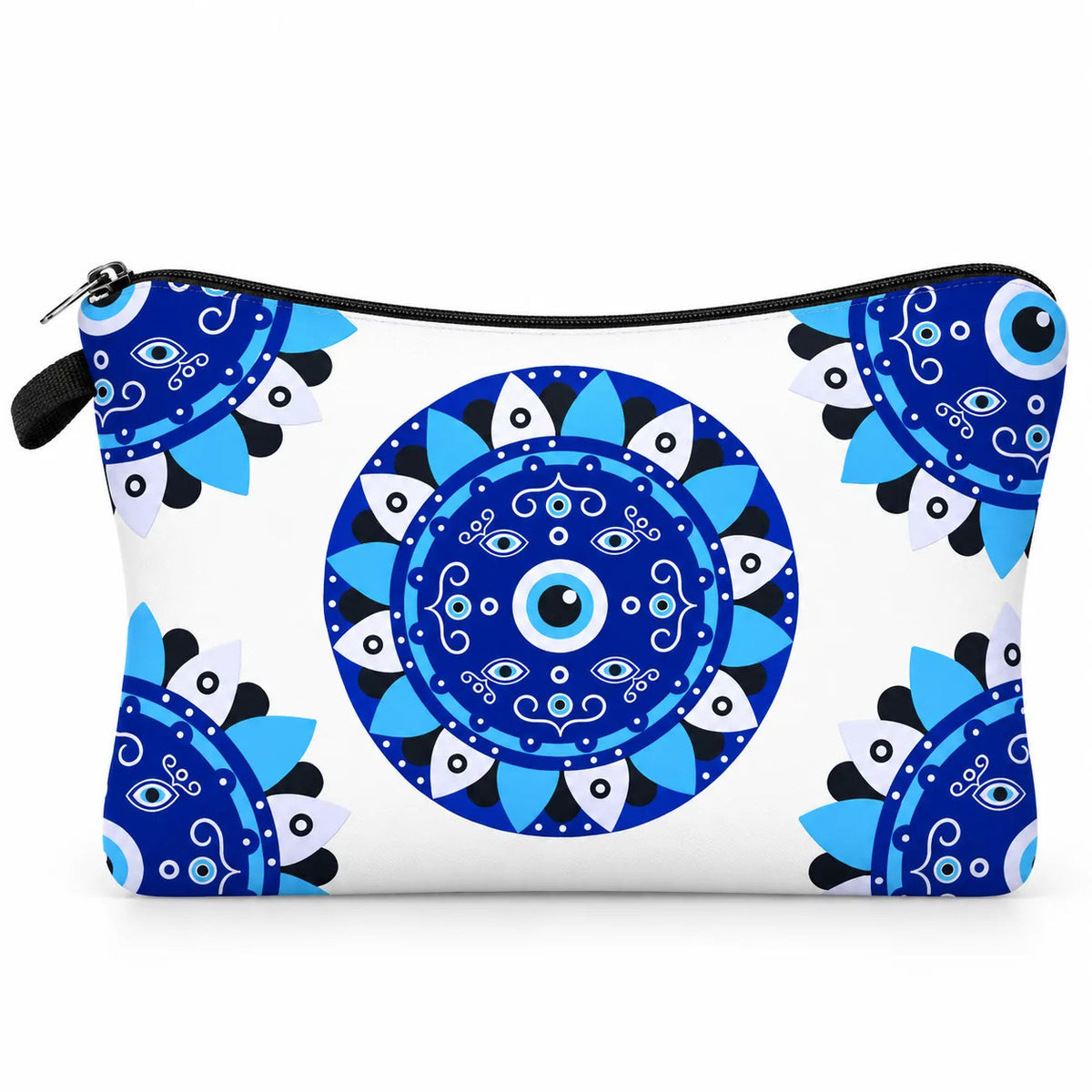 Mandala Of Eyes zip pouch printed with blue nazar mandalas on white, Kharze Zarka