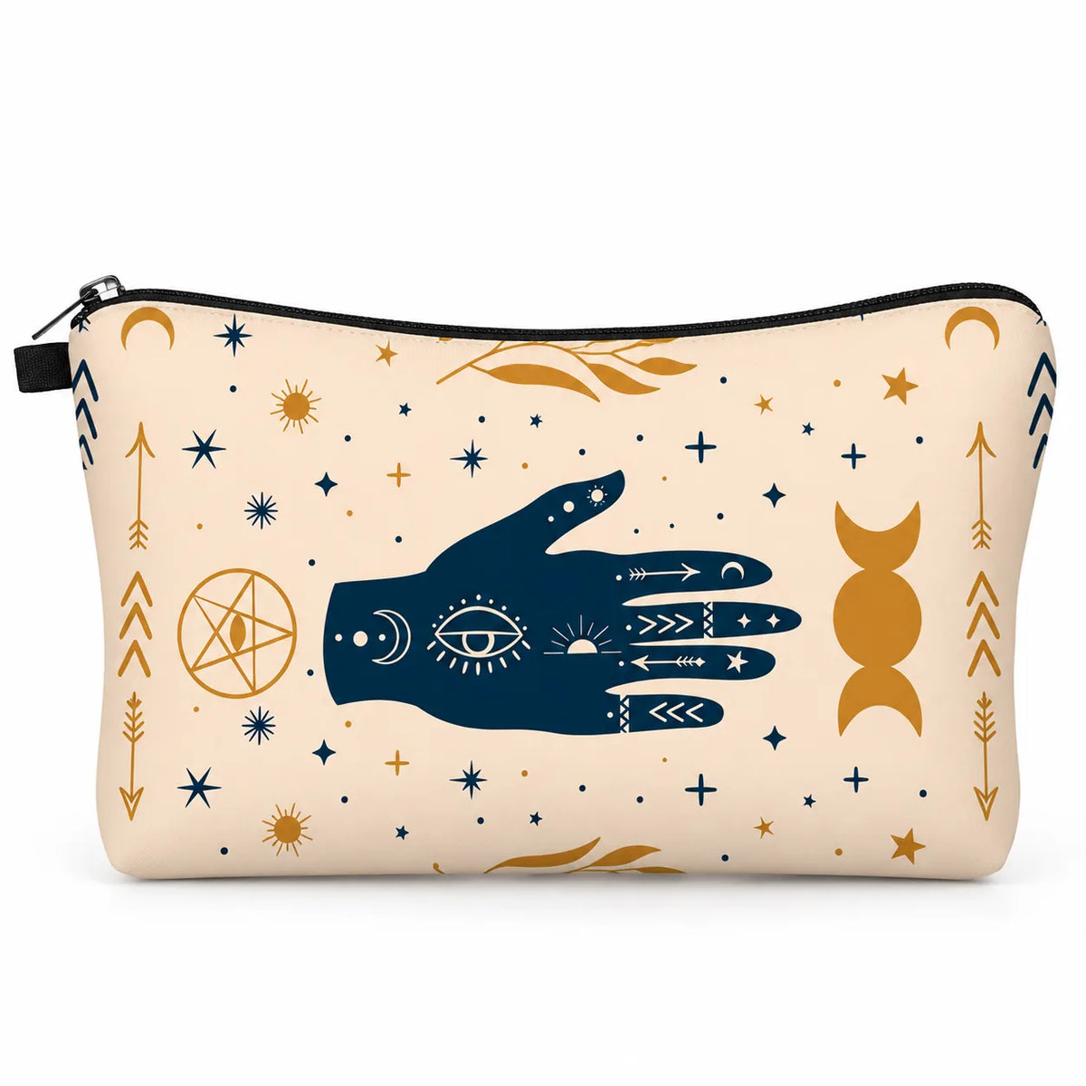 Written In The Stars zip pouch printed with a hamsa-style hand, evil eye, moons and stars in navy and gold on blush, Kharze Zarka
