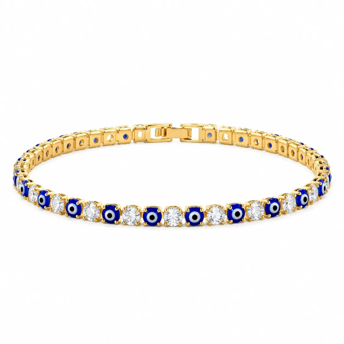 Eye Love gold-plated tennis bracelet with zircon and blue glass evil eyes, Kharze Zarka