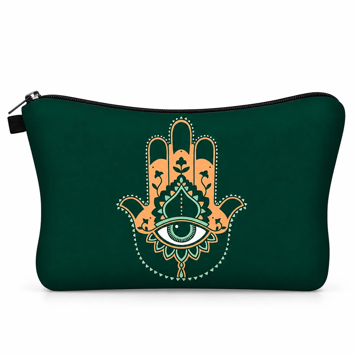 Hamsa Hideaway zip pouch printed with an ornate peach and mint hamsa hand and evil eye on forest green, Kharze Zarka