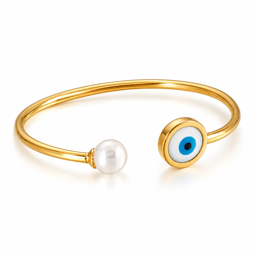 Gold evil eye bangle, adjustable stainless steel, Kharze Zarka