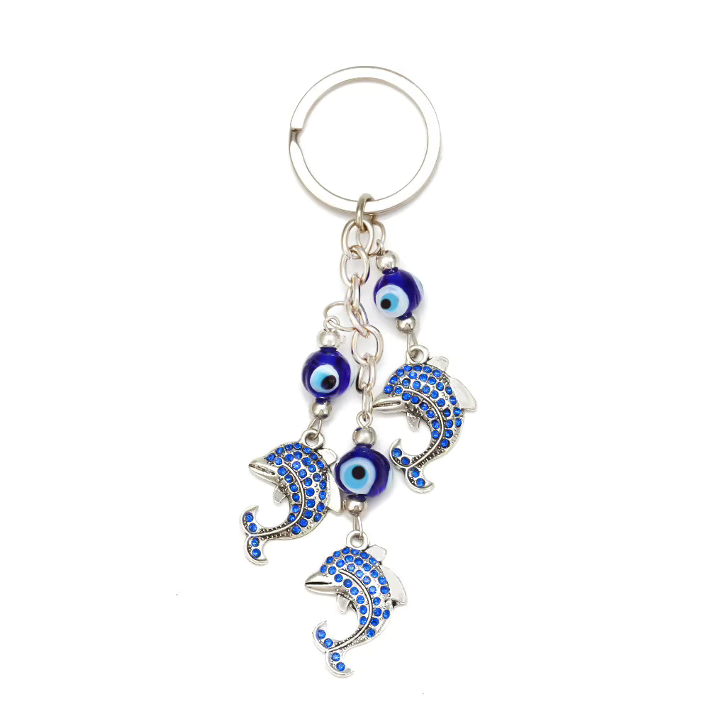 Dolphin evil eye keychain and bag charm, silver-plated, Kharze Zarka