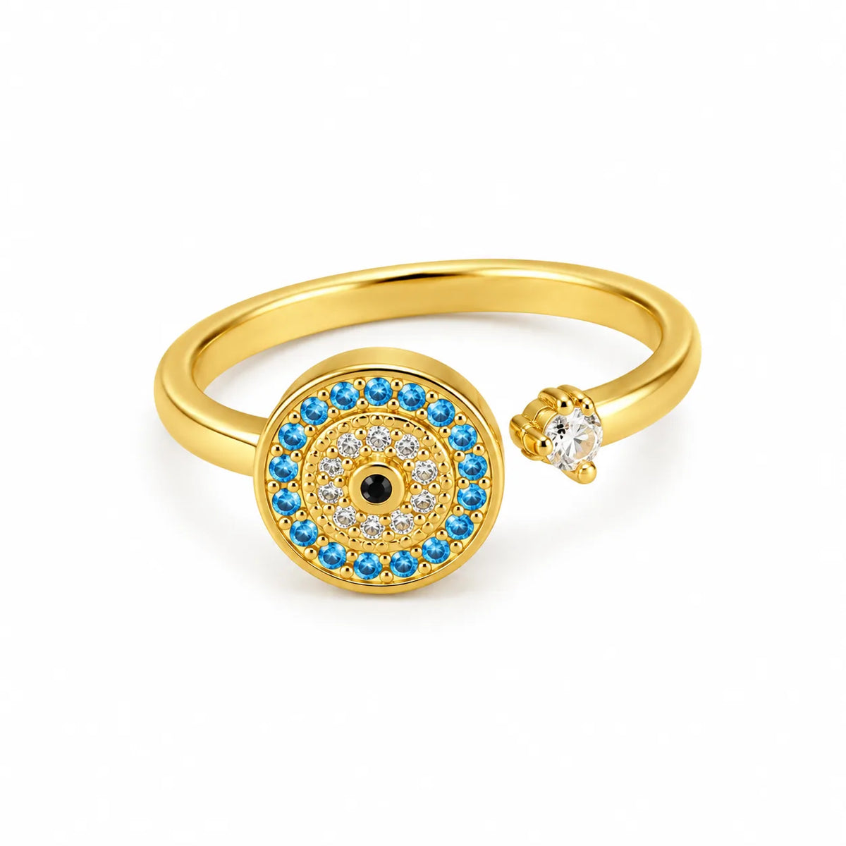 Open adjustable gold-plated ring with a blue evil eye disc facing a solitaire crystal