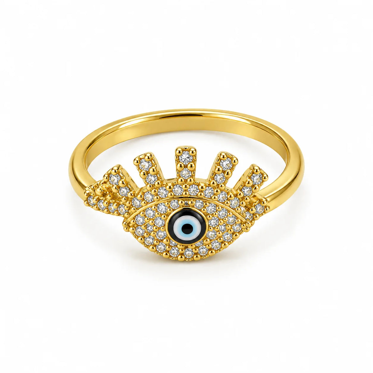 Gold-plated evil eye ring with crystal lashes and a glass nazar center