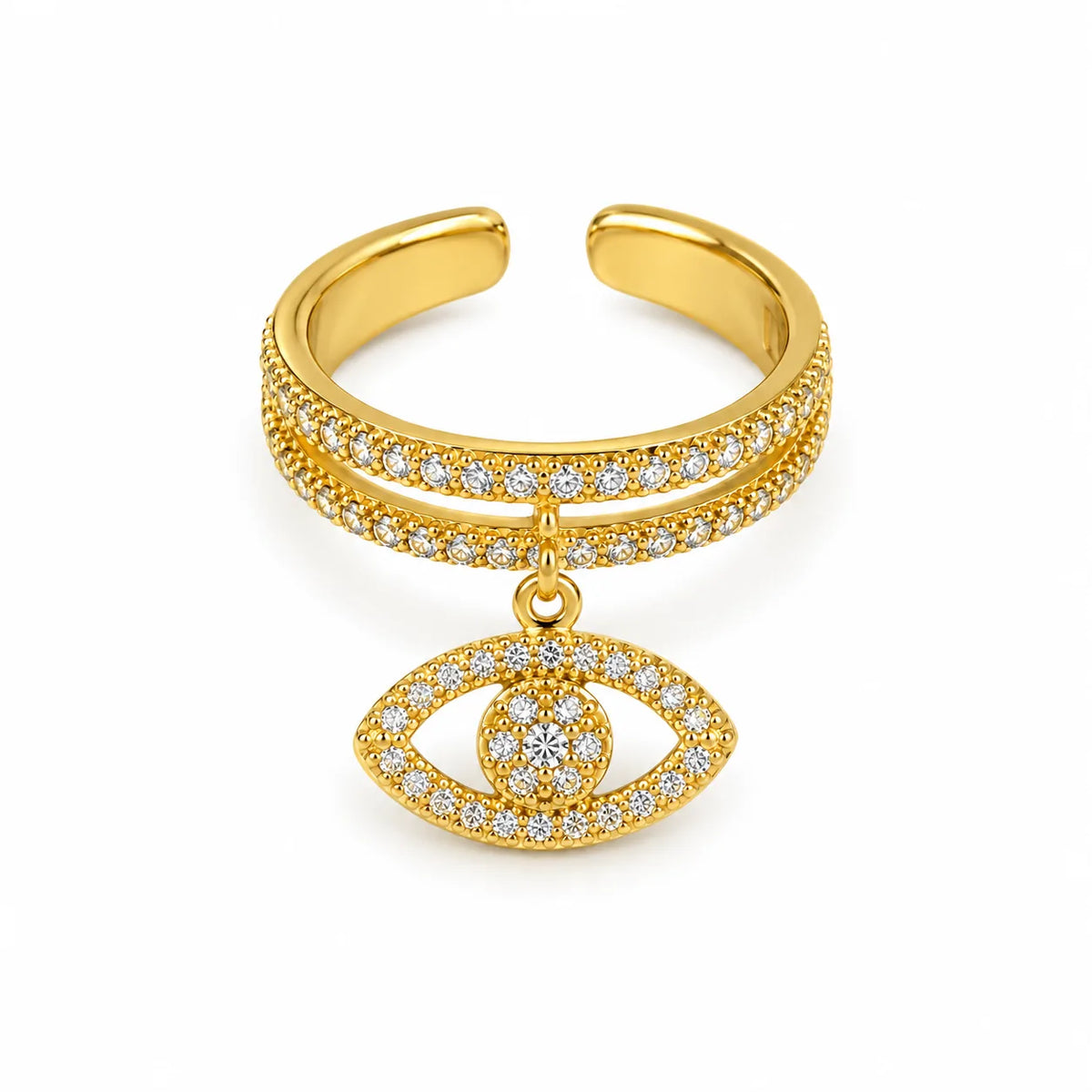 Adjustable gold-plated evil eye ring with pave crystal band and hanging marquise nazar charm