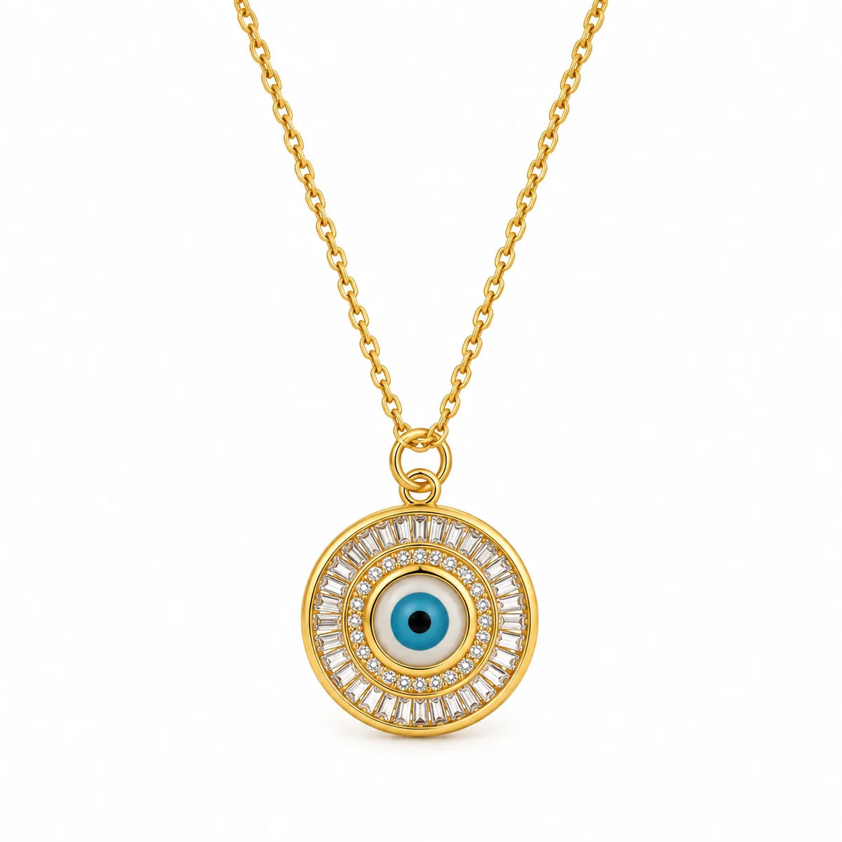 Gold-plated round evil eye pendant necklace with glass nazar eye and baguette crystal halo