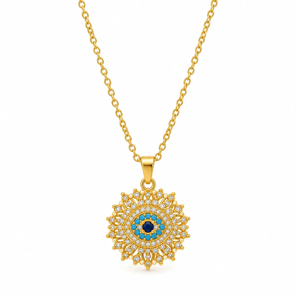 Gold-plated sunburst evil eye necklace set with turquoise and navy nazar stones