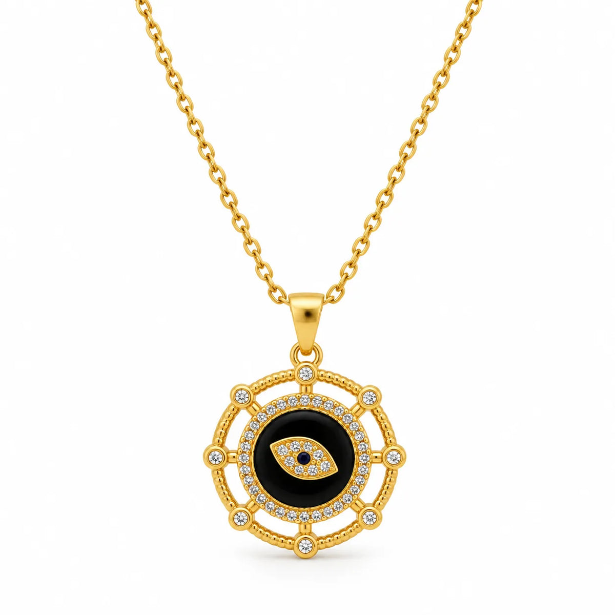 Gold-plated evil eye necklace with black enamel center and zircon-set openwork medallion
