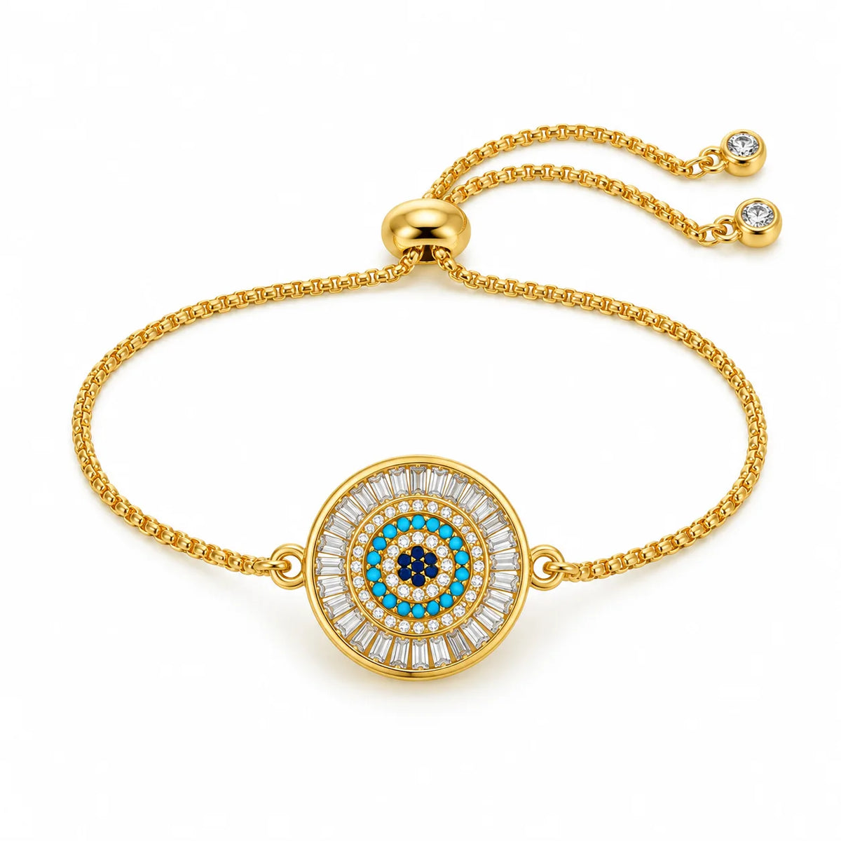 Gold-plated evil eye bracelet with turquoise and crystal nazar medallion on an adjustable slider chain