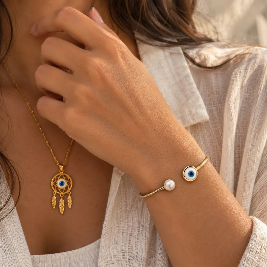The Dream Set evil eye necklace and bangle, styled view, Kharze Zarka