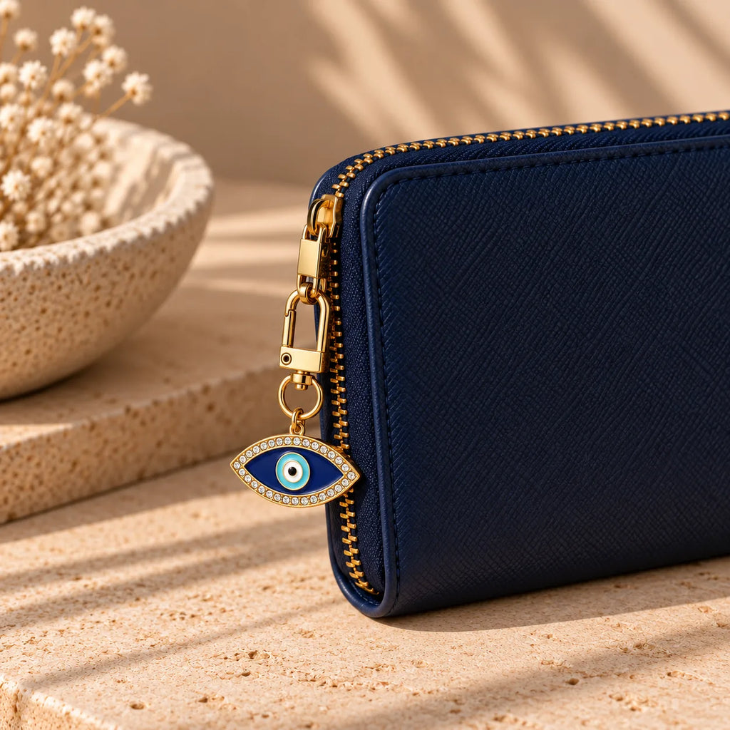 Glow and Shine eye-shaped evil eye bag charm, Kharze Zarka
