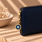 Glow and Shine evil eye bag charm, close-up of the nazar detail, Kharze Zarka
