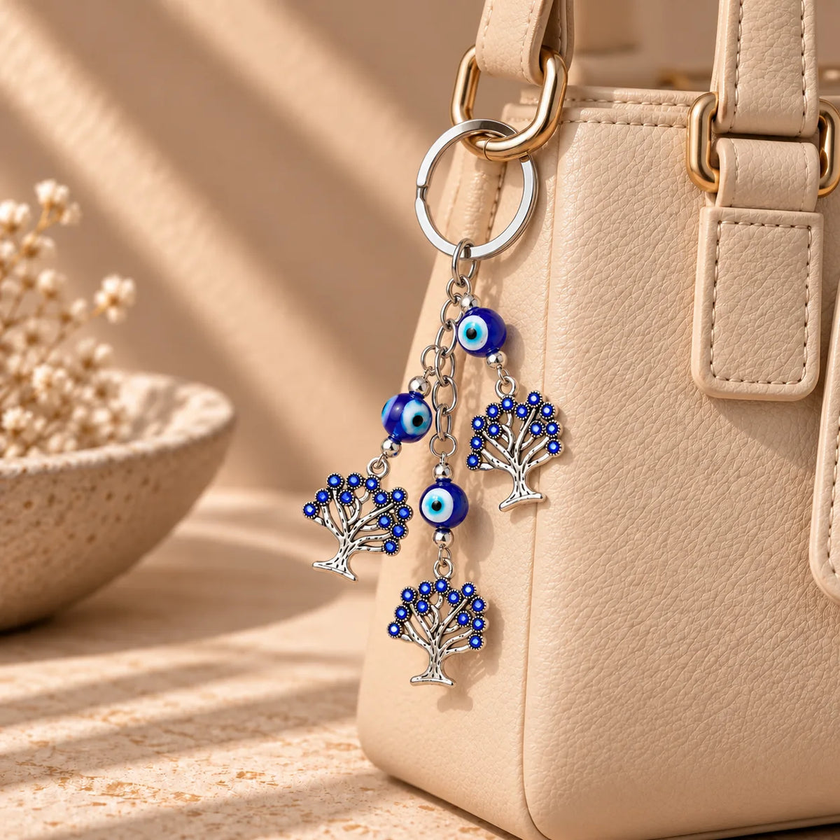 Rooted in Luck tree evil eye keychain, styled view, Kharze Zarka