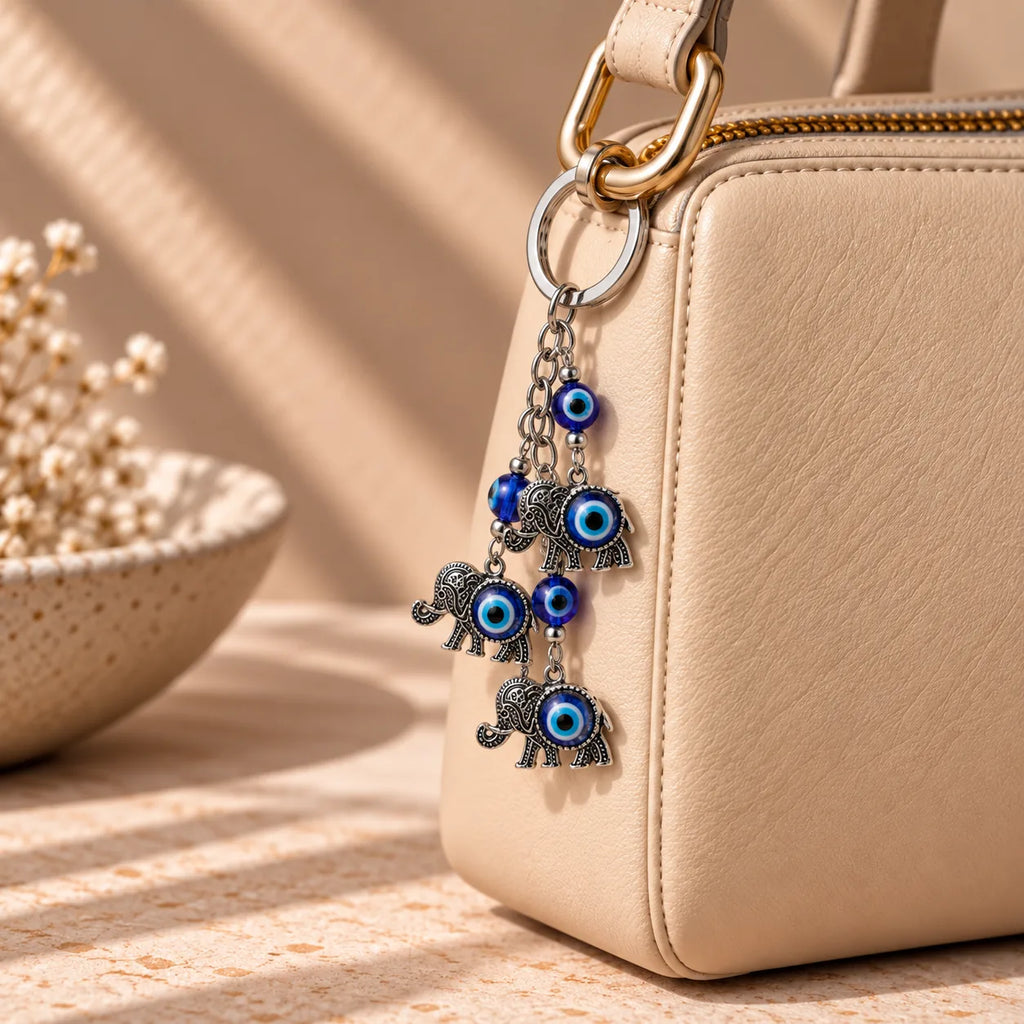 Lucky Steps elephant evil eye keychain, styled view, Kharze Zarka