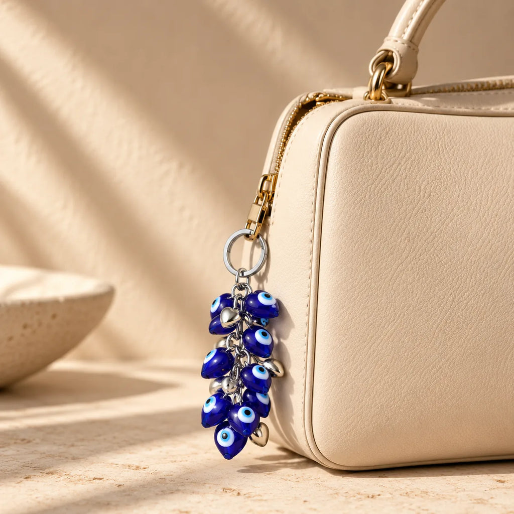 Eye Candy heart-shaped evil eye keychain, styled view, Kharze Zarka