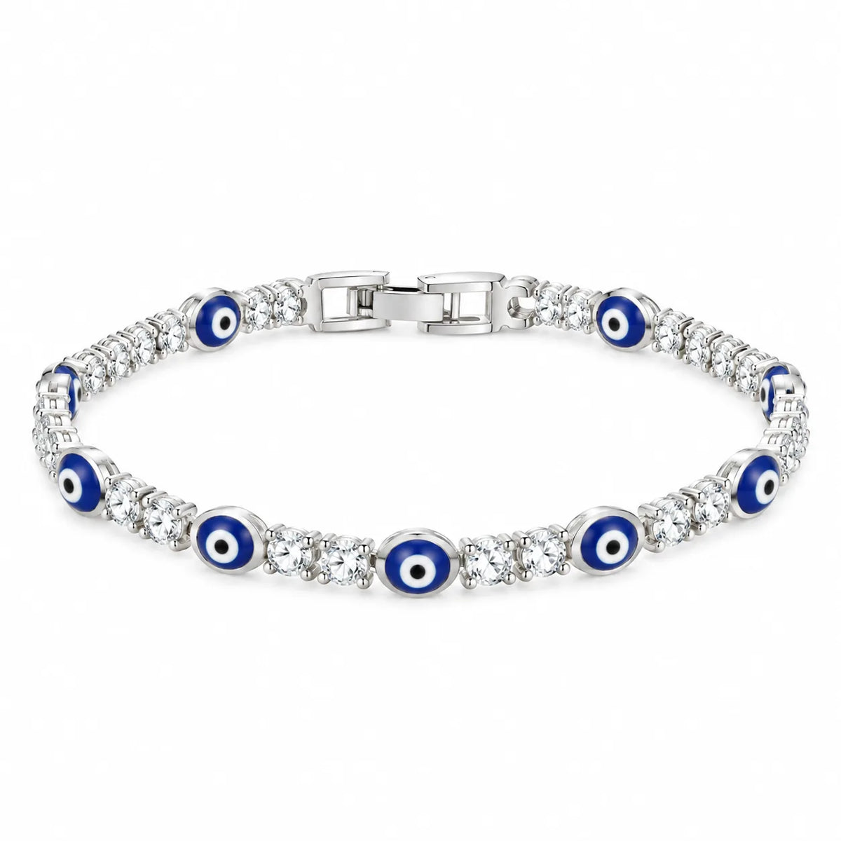 Eye Spy silver-plated tennis bracelet with paired zircon and round navy enamel evil eyes, Kharze Zarka