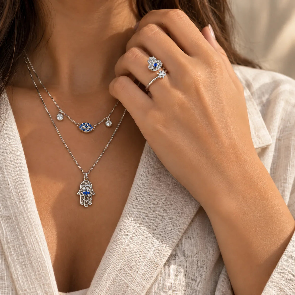 The Khamsah Set hamsa hand ring and necklace, styled view, Kharze Zarka