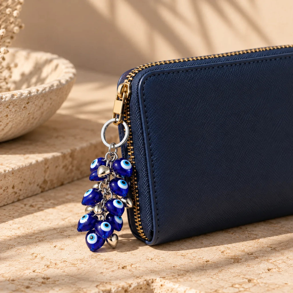 Eye Candy evil eye keychain clipped to a bag, Kharze Zarka