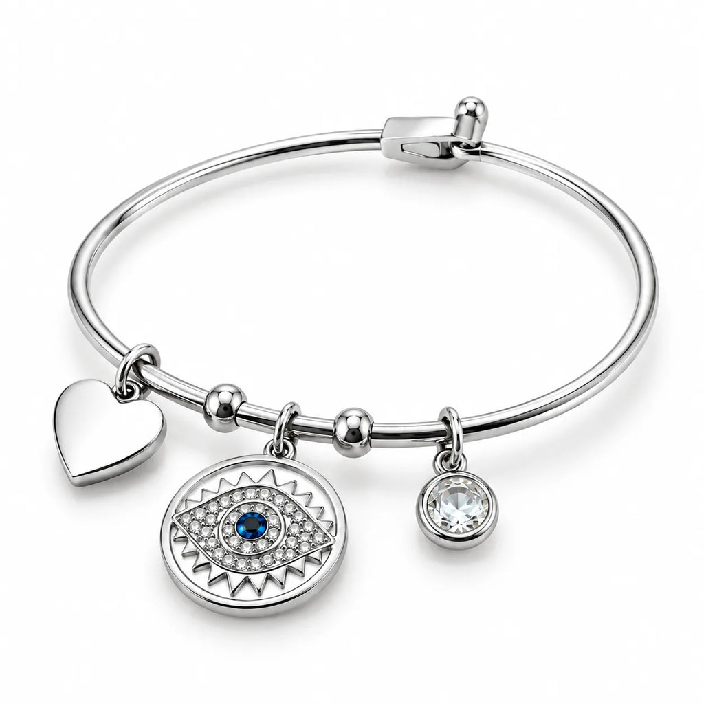 Charm Around evil eye bangle wrapped in nazar charms, styled on the wrist, Kharze Zarka