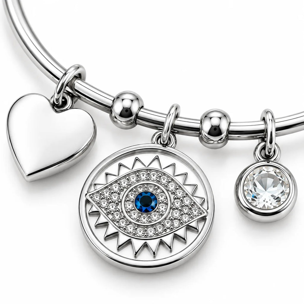 Charm Around evil eye bangle, close-up of the nazar charm detail, Kharze Zarka