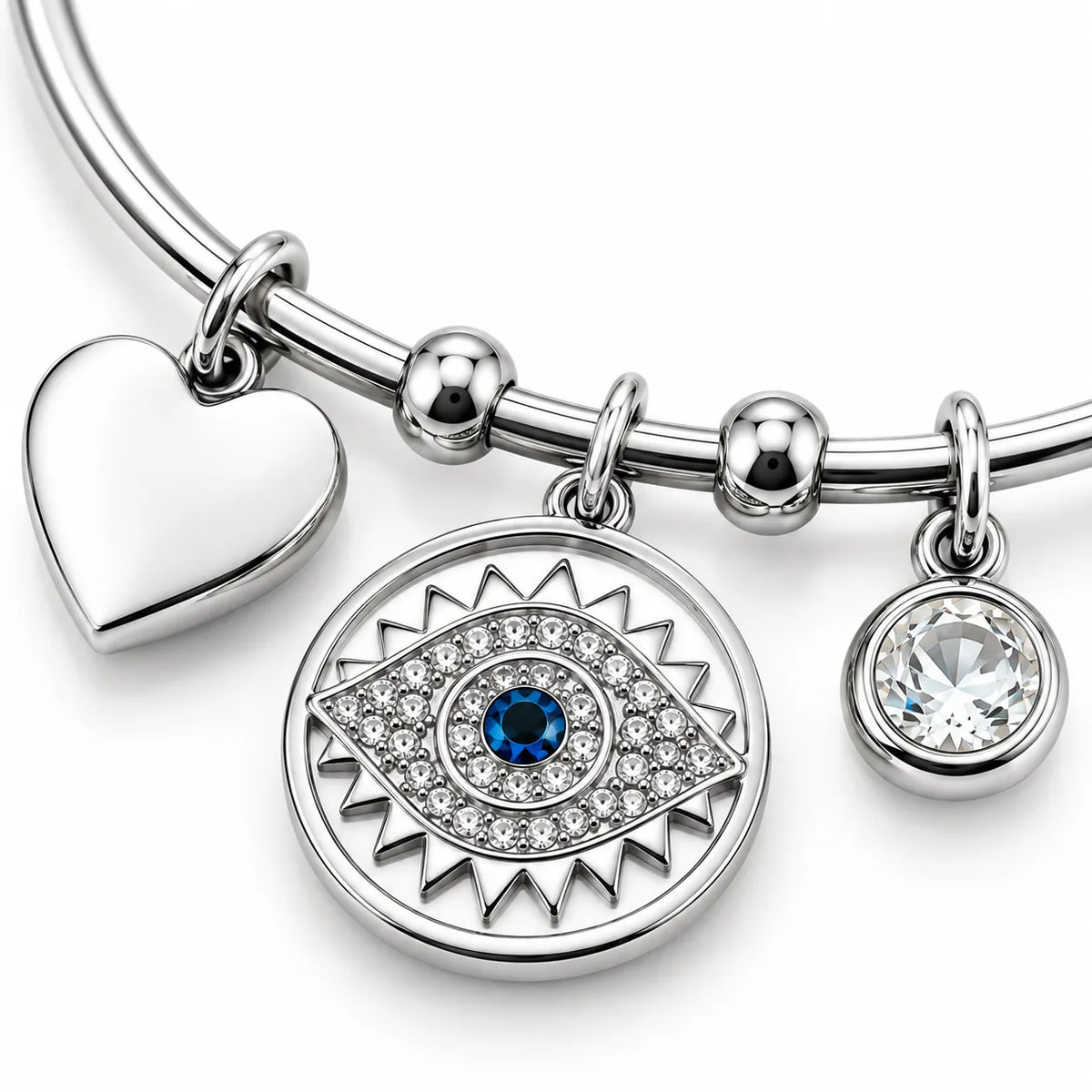 Charm Around evil eye bangle, close-up of the nazar charm detail, Kharze Zarka