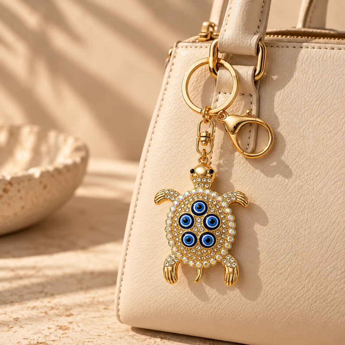 Protected in my Shell turtle evil eye keychain, styled view, Kharze Zarka
