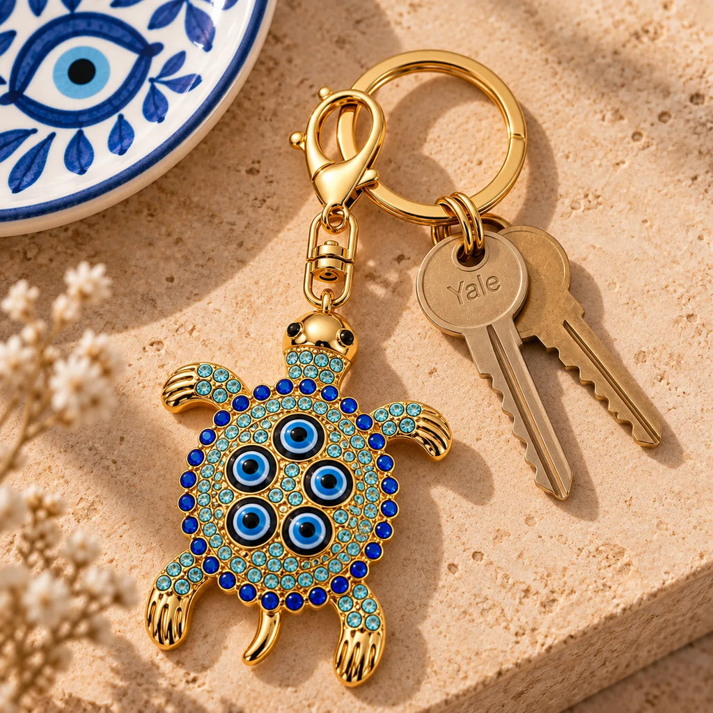 Protected in my Shell turtle evil eye keychain, alternate angle, Kharze Zarka