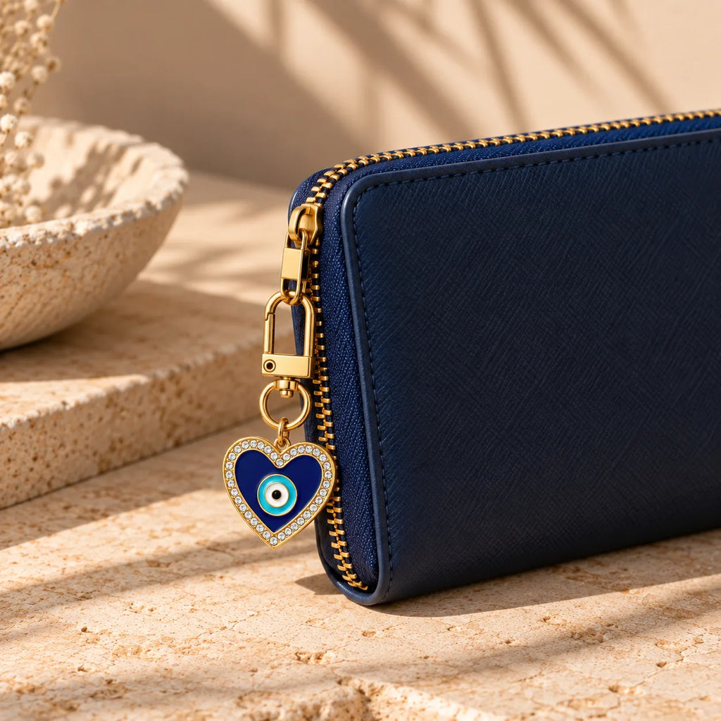 Glow and Shine evil eye bag charm clipped to a bag, Kharze Zarka