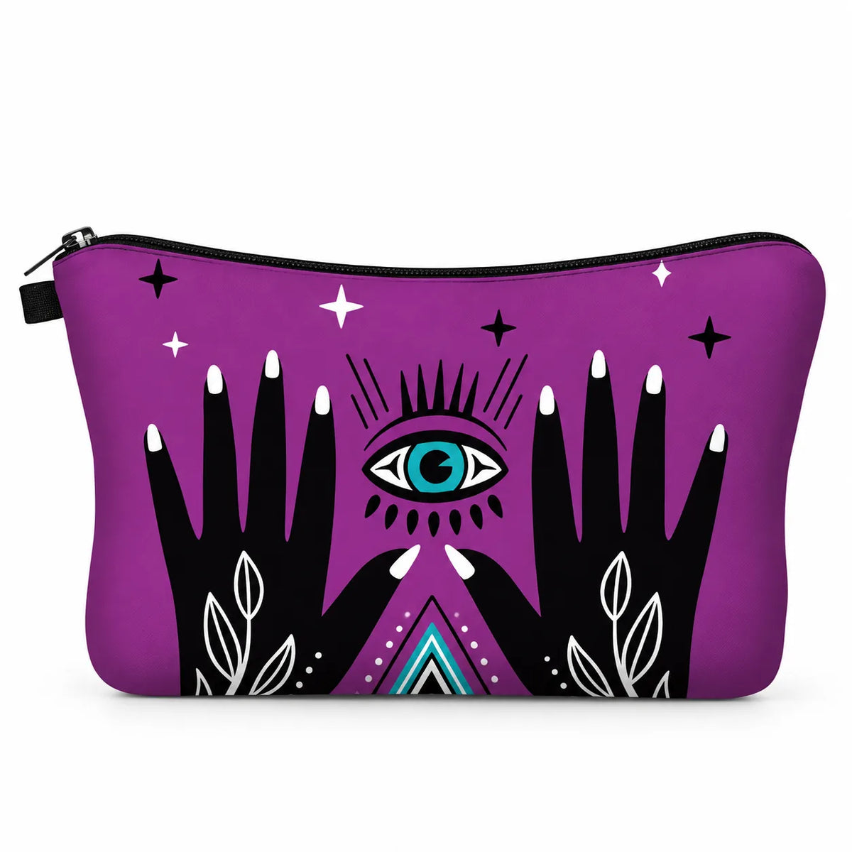 Eye See You zip pouch printed with a teal evil eye between two open hands and stars on deep plum, Kharze Zarka