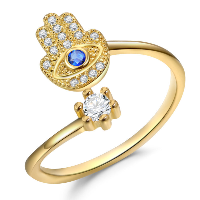 Gold hamsa hand evil eye wrap ring with zircon, 18k gold plated, Kharze Zarka