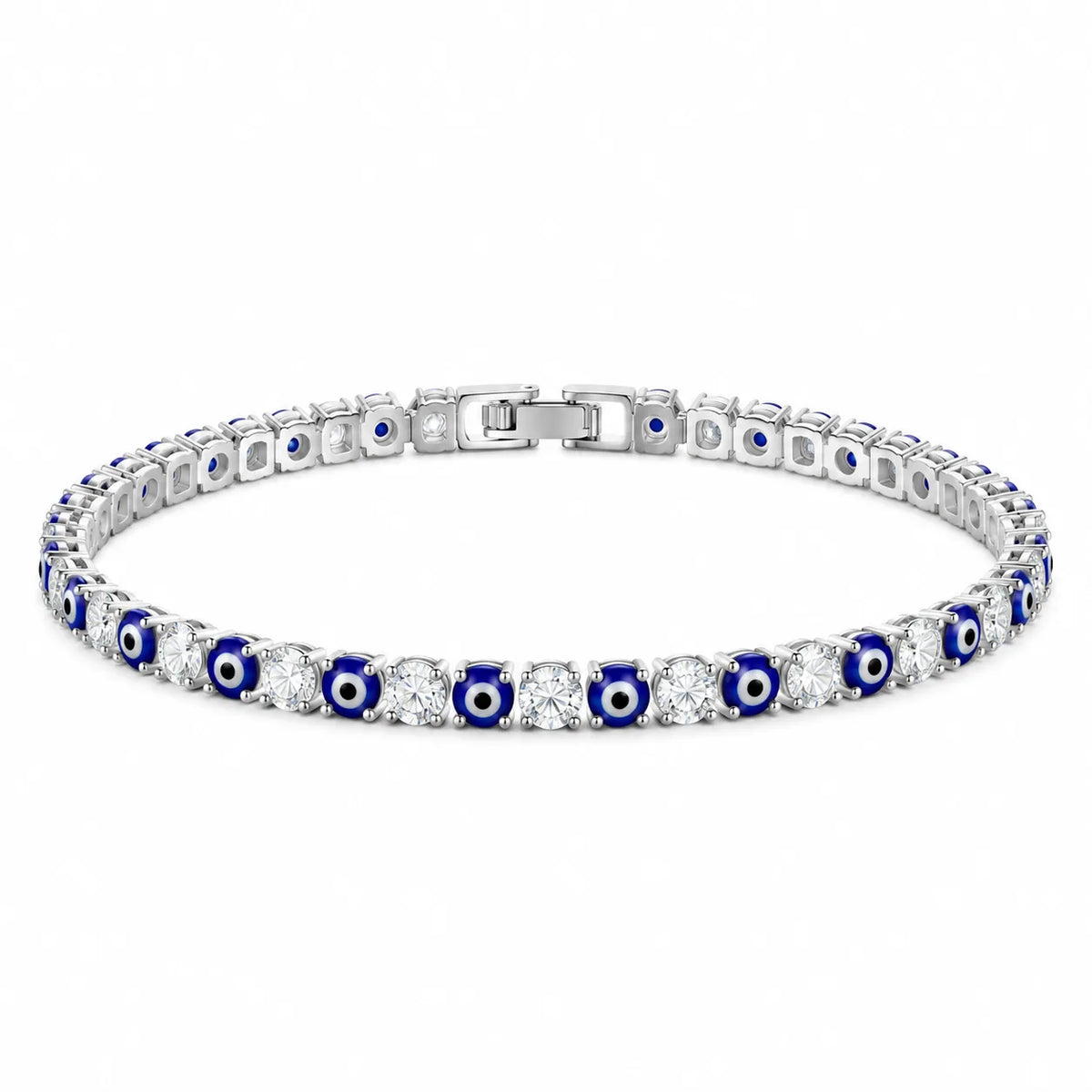 Eye Love silver-plated tennis bracelet with zircon and blue glass evil eyes, Kharze Zarka