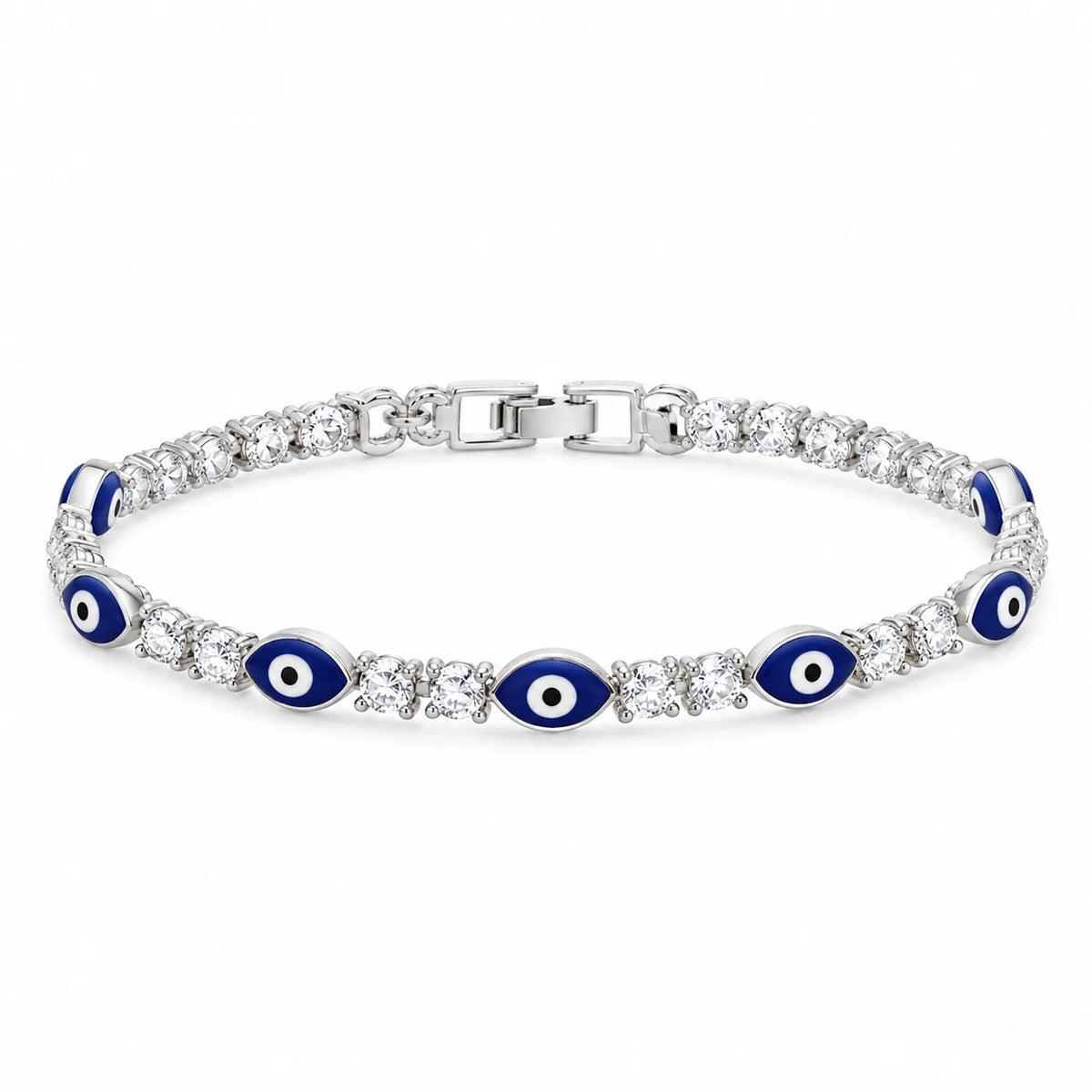 Eyes Wide Open silver-plated tennis bracelet with zircon and marquise navy enamel evil eyes, Kharze Zarka