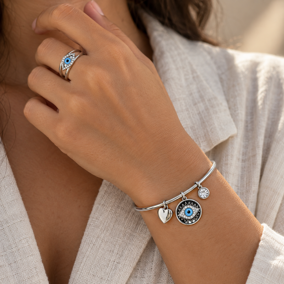 The Nazar Set, evil eye ring and charm bangle gift set, Kharze Zarka